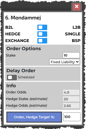 The bet skip has Hedge / Single toggle (on for single! When that on hedge, the options above are B2L / L2B (on for L2B!). There is an info panel at rhe bottom showing the odds and estimated stake and odds for the hedged bett after the initial bet.