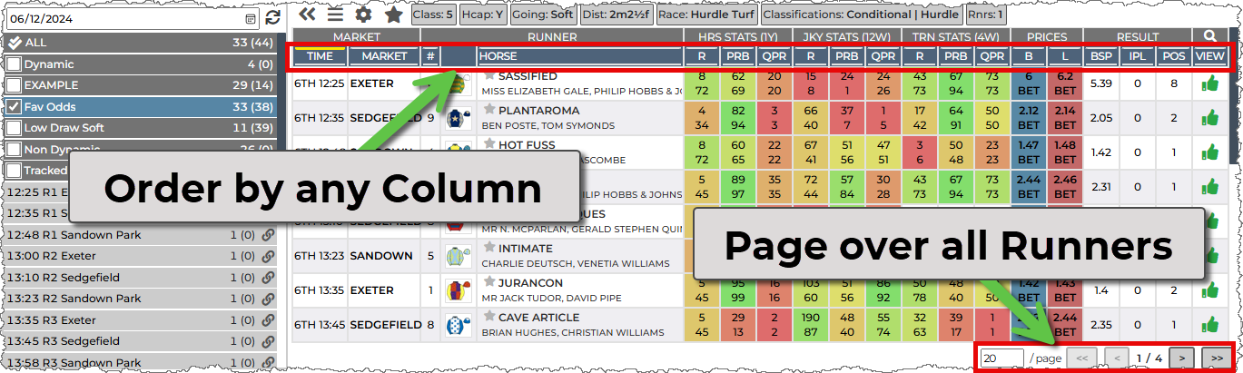 Orderind data is done by clicking the table header (second header row), the paging systen is bottom right with options for runners per page, go th start, one page back, x / y pages, one page forward, skip to the last page.