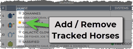 The the horse column, to the left of the horse name, the start is grey for not tracked, gold for tracked. click to toggle between the two.